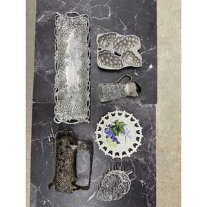 Vintage Grapevine Lot Arthur Court Tray, Wilton Mold, Glass Ewer, Wine Holder